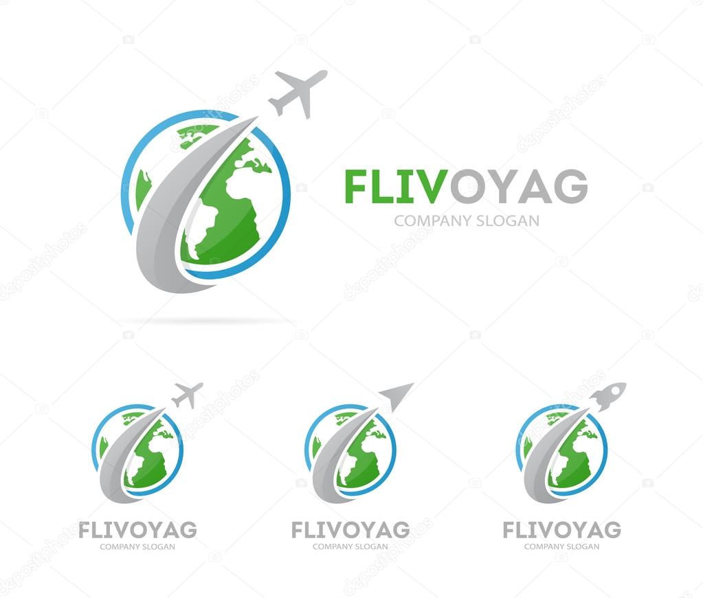 Vector of rocket and earth logo combination. Airplane and world symbol or icon. Unique global and ecology logotype design template.