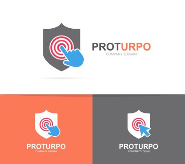 Kalkan vektör ve logo bileşimini tıklatın. Güvenlik ve imleç simge veya simge. Benzersiz korumak ve logo tasarım şablonu savunma.