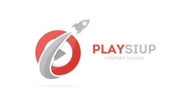 Vektör roket ve oyun düğme logo birleşimi. Uçak ve kayıt sembolü veya simge. Benzersiz ses ve video logo tasarım şablonu.