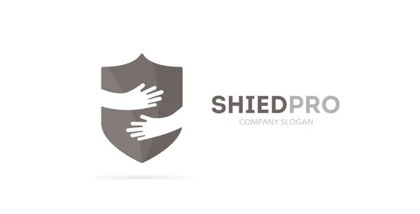 Vector shield and hands logo combination. Security and embrace symbol or icon. Unique protect and defense logotype design template. — Stock Vector