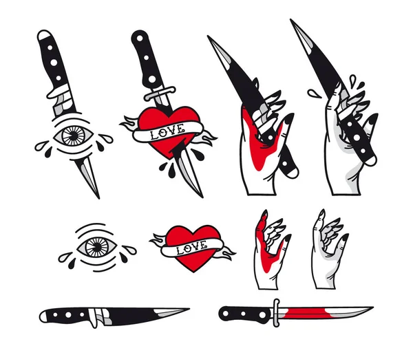 Ustaw styl tatuaż tradycyjnych wektor - serca, nóż, oko, ręka, wstążki. Vintage atrament stara szkoła tatuażu — Wektor stockowy