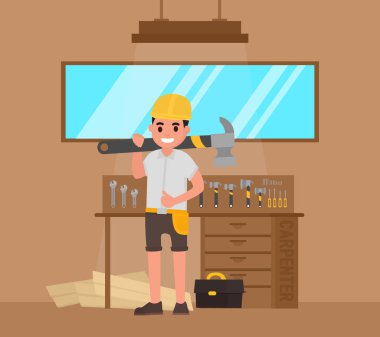 Marangoz, foreman, marangoz, woodworker büyük çekiç ve araçları ile