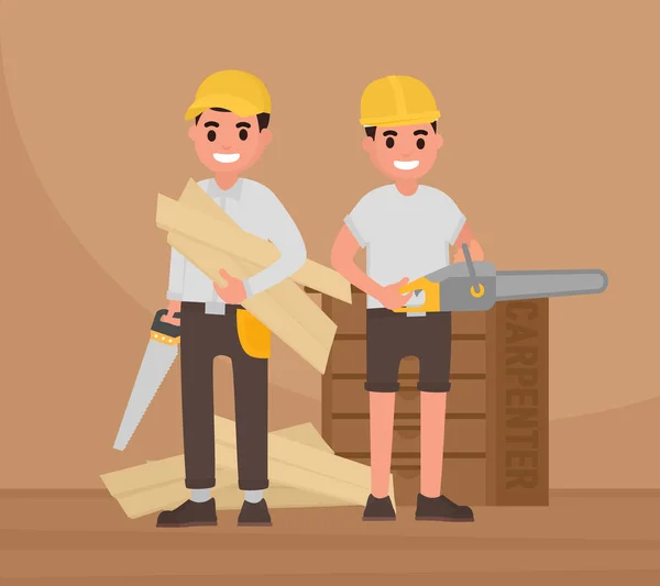 Δύο ευτυχισμένη ξυλουργοί στέκονται με εργαλεία. Διάνυσμα εργοδηγός, επιπλοποιός, ξυλουργός με επίπεδη στυλ — Διανυσματικό Αρχείο