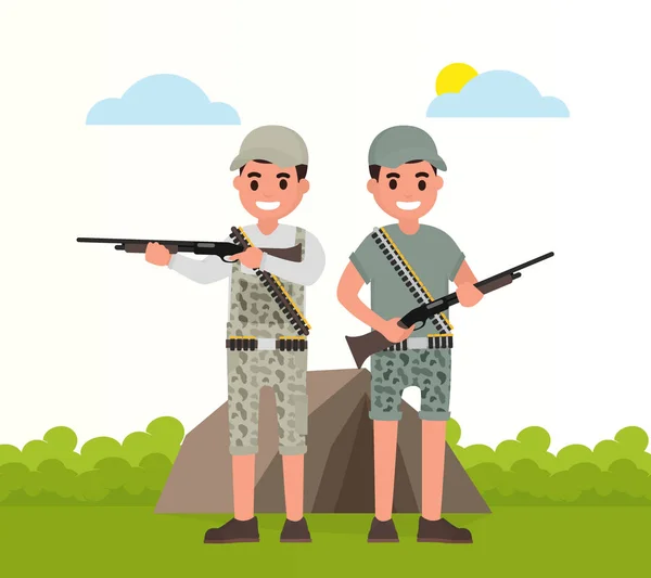 Two happy hunters stand with weapons. Vector huntsman, gamekeeper in flat style — Stock Vector