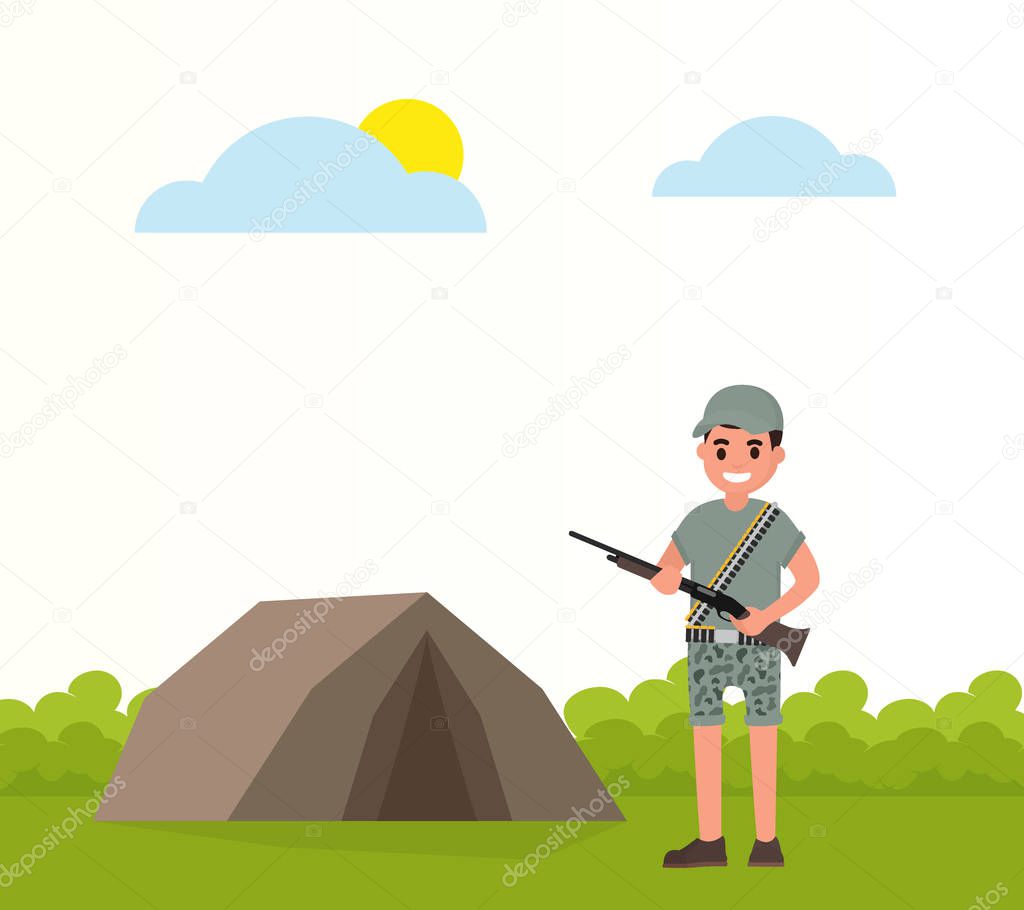 Happy hunter stands near the tent stand with weapons. Vector huntsman, gamekeeper in flat style