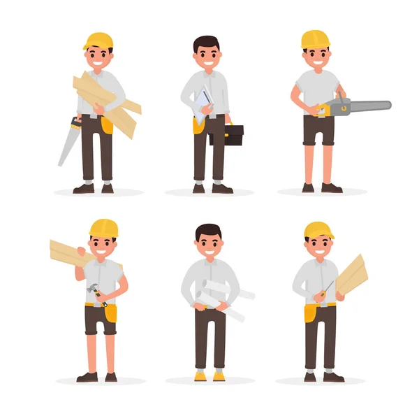 Carpenter, foreman, engineer, joiner and woodworker elements collection with various people actions. Vector illustration in flat style — Stock Vector