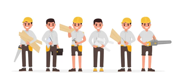 Equipo de varios carpinteros, capataz, ingeniero, carpinteros y carpinteros. Ilustración vectorial en estilo plano — Vector de stock