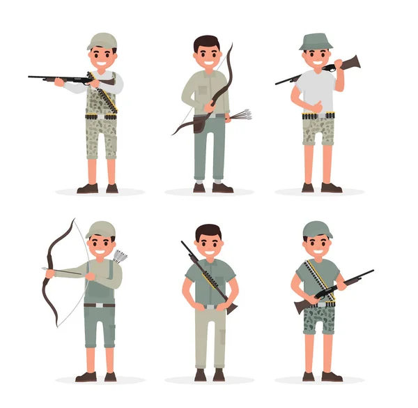 Hunter, jager, jachtopziener, forester en archer elementen collectie met wapens en verschillende mensen acties. Vectorillustratie in vlakke stijl — Stockvector