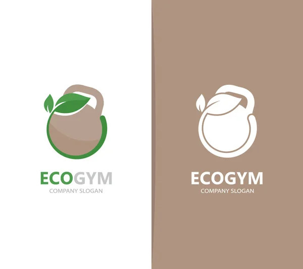 Vector van een logo-combinatie van het gewicht en blad. Sport en eco-symbool of pictogram. Unieke fitness- en natuurlijk, organisch logo ontwerpsjabloon. — Stockvector
