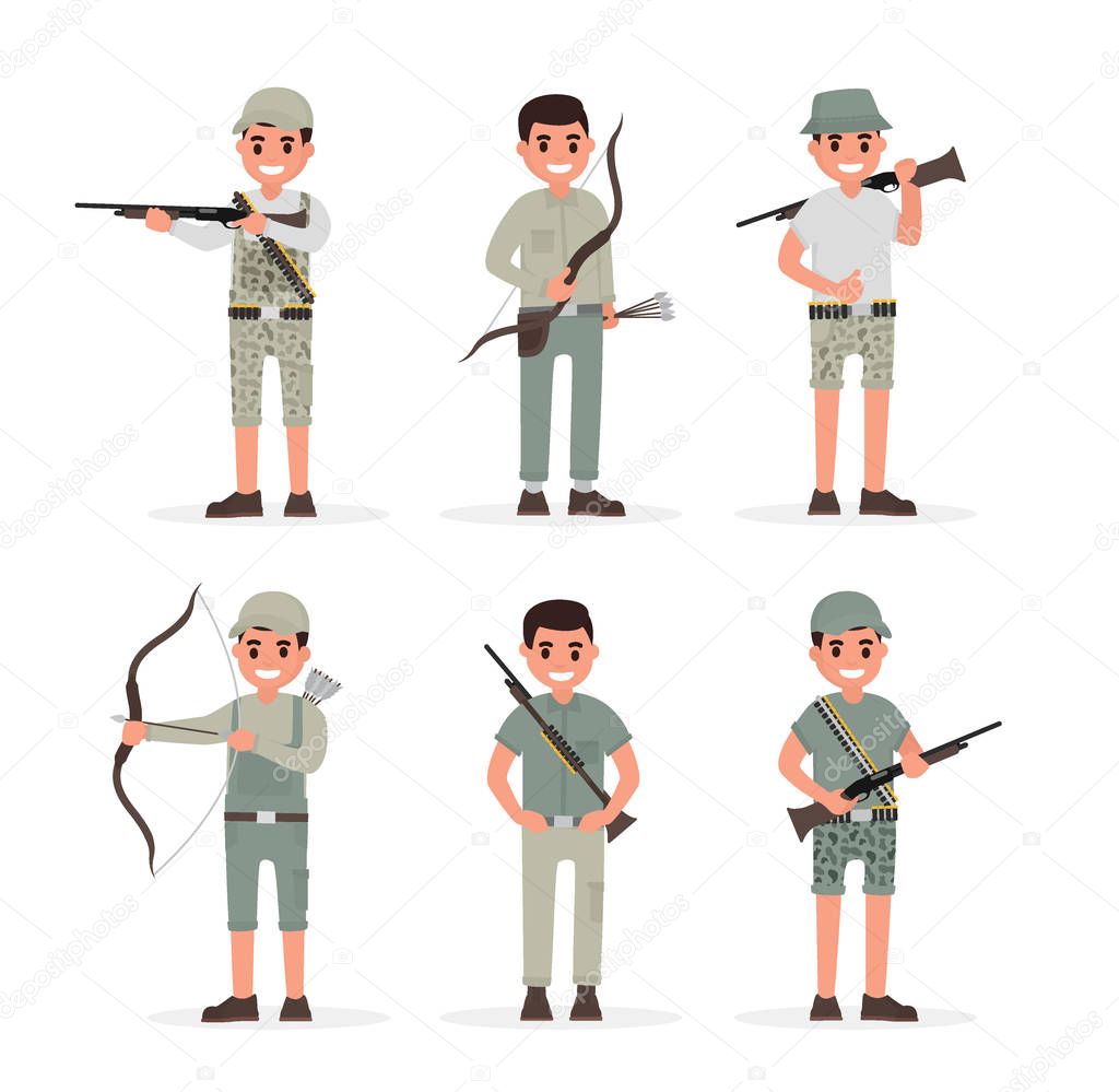 Hunter, huntsman, gamekeeper, forester and archer elements collection with weapons and various people actions. Vector illustration in flat style