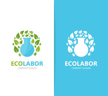 Vektör şişesi ve yaprak logo birleşimi. Laboratuvar ve eko simge veya simge. Eşsiz organik ve şişe logo tasarım şablonu.