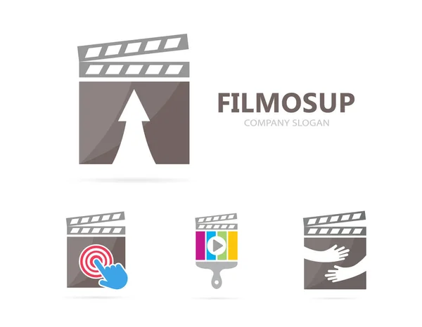 Vector de clapperboard y flecha encima de la combinación de logotipo. Cine y símbolo de crecimiento o icono. Plantilla única de diseño de logotipos de vídeo y película . — Vector de stock