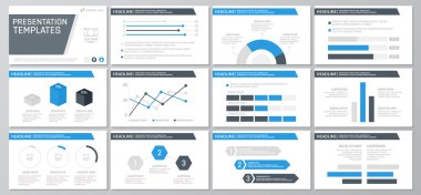 Grafikler ve çok amaçlı sunum şablonu slaytlar için mavi öğeleri kümesi. Broşür, kurumsal rapor, pazarlama, reklam, faaliyet raporu, kitap kapak tasarımı.