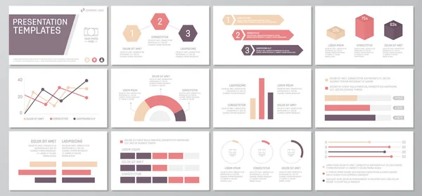 Набір червоних та фіолетових елементів для багатоцільових слайдів шаблонів презентації з графіками та діаграмами. Листівки, корпоративний звіт, маркетинг, реклама, щорічний звіт, дизайн обкладинки книг . — стоковий вектор