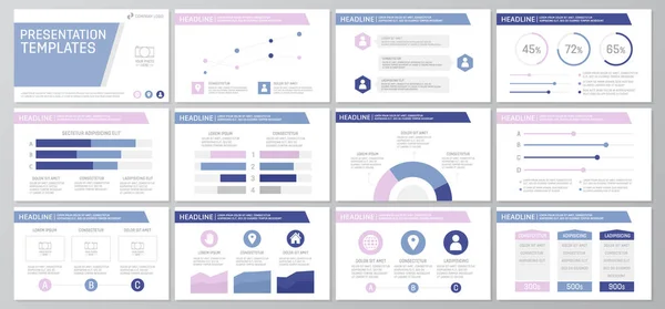 グラフとチャート多目的プレゼンテーション テンプレートの紫の要素を設定します。リーフレット、企業レポート、マーケティング、広告、年次報告書、書籍カバー デザイン. — ストックベクタ