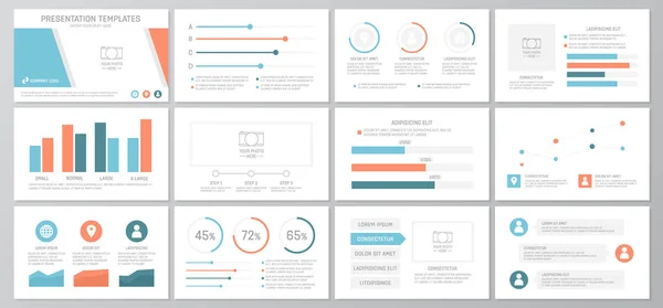 Conjunto de elementos naranja y azul para diapositivas de plantillas de presentación polivalentes con gráficos y gráficos. Folleto, informe corporativo, marketing, publicidad, informe anual, diseño de portada de libro . — Archivo Imágenes Vectoriales