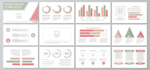 Набір зелених та червоних елементів для багатоцільових слайдів шаблонів презентації з графіками та діаграмами. Листівки, корпоративний звіт, маркетинг, реклама, щорічний звіт, дизайн обкладинки книг . — стоковий вектор