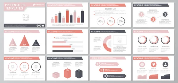 Sada červených prvků pro víceúčelové prezentační šablony snímků s grafy a tabulky. Leták, firemní zprávy, marketing, reklama, výroční zpráva, kniha obalový design. — Stockový vektor