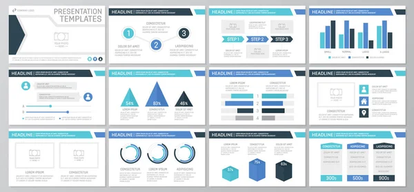 Set of blue and turquoise elements for multipurpose presentation template slides with graphs and charts. Flyer and leaflet, corporate report, marketing, advertising, annual report, book cover design. — Stock Vector