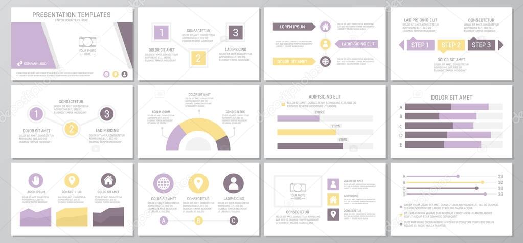 Set purple elements for multipurpose presentation template slides with graphs and charts. Leaflet, corporate report, marketing, advertising, annual report, book cover design.