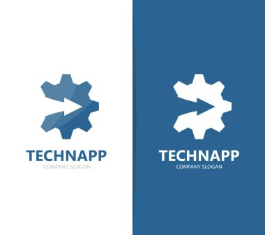 Vektör dişli ve logo birlikte yukarı ok. Mekanik ve büyüme simge veya simge. Benzersiz fabrika ve endüstriyel logo tasarım şablonu.