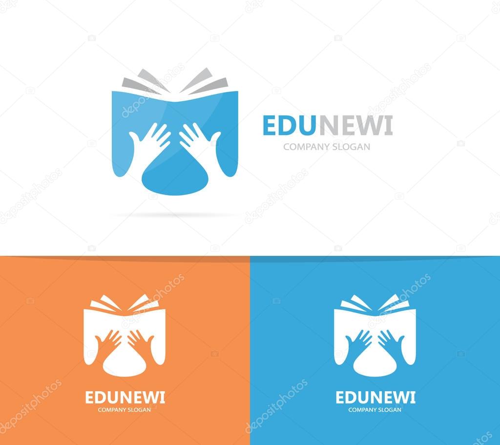 Vector of hand and book logo combination. Arm and library symbol or icon. Unique bookstore and support logotype design template.