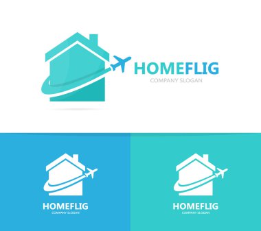 Vektör gayrimenkul ve uçak logo birleşimi. Ev ve seyahat etmek simge veya simge. Benzersiz kira ve uçuş logo tasarım şablonu.