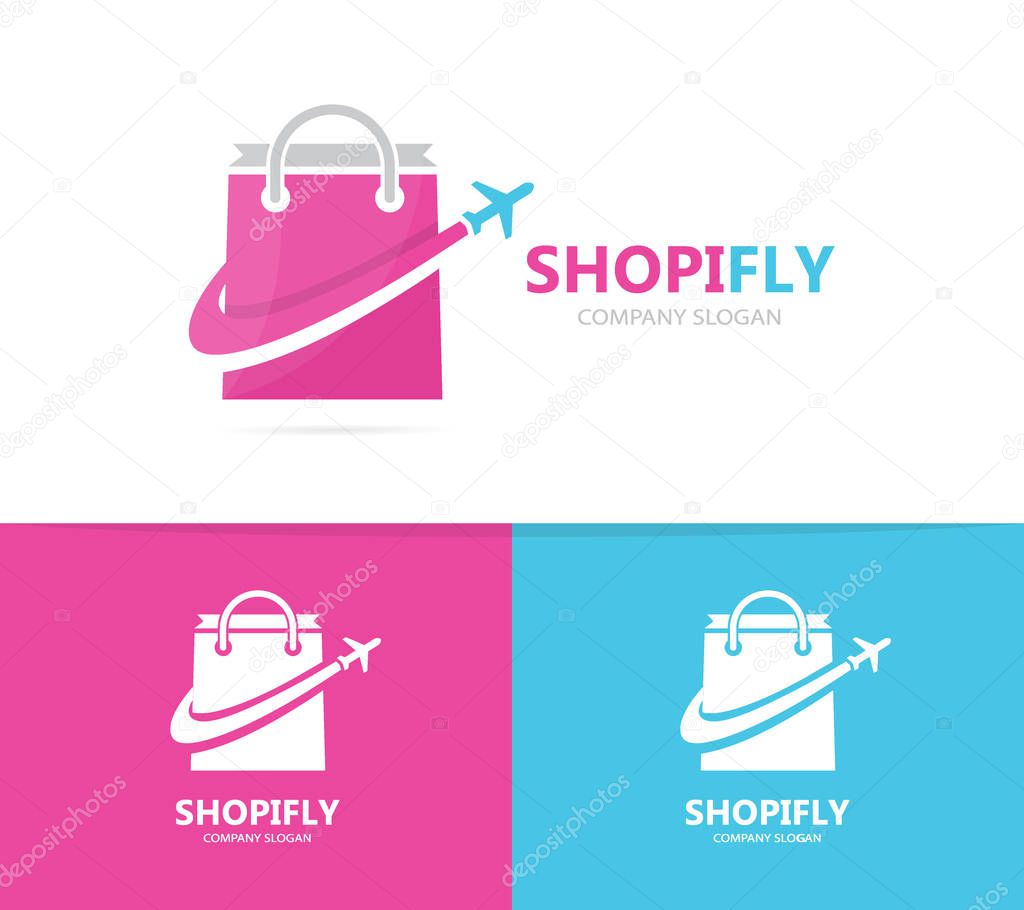 Vector of shop and plane logo combination. Sale and travel symbol or icon. Unique bag and flight logotype design template.