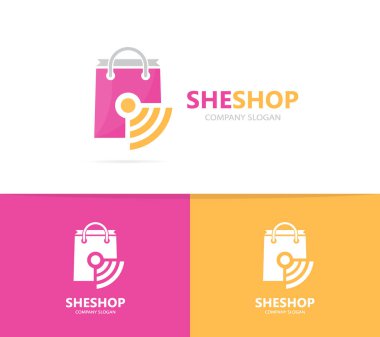 Vektör dükkanı ve wifi logo birleşimi. Satış ve sinyal simge veya simge. Benzersiz çanta ve radyo, internet logo tasarım şablonu.