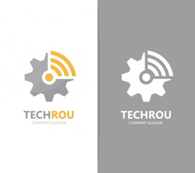 Vektör dişli ve wifi logo birleşimi. Mekanik ve sinyal simge veya simge. Benzersiz sanayi ve radyo, internet logo tasarım şablonu.