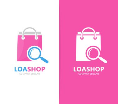 Vektör dükkanı ve Büyüteç logo birleşimi. Satış ve Büyüteç simgesi veya simge. Benzersiz çanta ve arama logo tasarım şablonu.