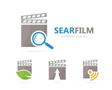 Vektör Klaket ve Büyüteç logo birleşimi. Sinema ve Büyüteç simgesi veya simge. Benzersiz video ve arama logo tasarım şablonu.