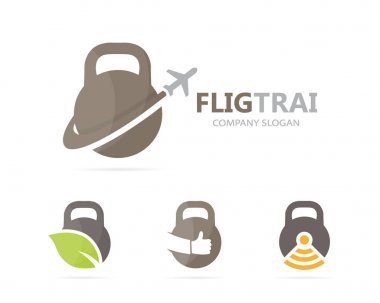 Vektör spor ve uçak logo birleşimi. Spor salonu ve seyahat etmek simge veya simge. Benzersiz uçuş fitness ve egzersiz logo tasarım şablonu.