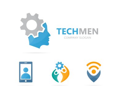 Vektör adam ve dişli logo birleşimi. Yüz ve mekanik simge veya simge. Benzersiz fabrika ve endüstriyel logo tasarım şablonu.