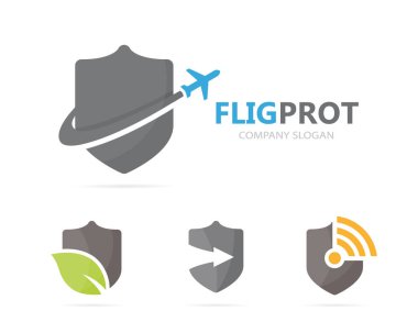 Vektör kalkan ve uçak logo birleşimi. Güvenlik ve seyahat etmek simge veya simge. Benzersiz korumak ve logo tasarım şablonu uçuş.
