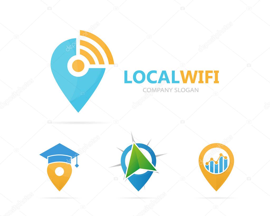 Vector of map pointer and wifi logo combination. GPS locator and signal symbol or icon. Unique pin and radio, internet logotype design template.