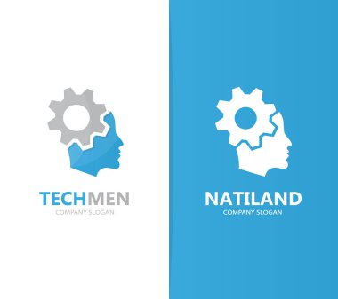 Vektör adam ve dişli logo birleşimi. Yüz ve mekanik simge veya simge. Benzersiz fabrika ve endüstriyel logo tasarım şablonu.