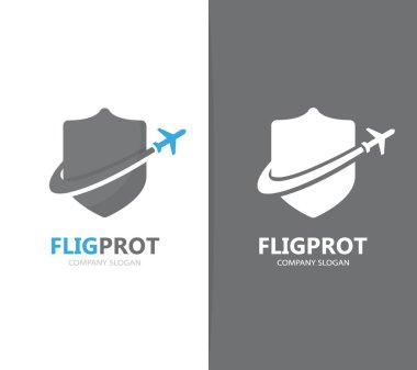 Vektör kalkan ve uçak logo birleşimi. Güvenlik ve seyahat etmek simge veya simge. Benzersiz korumak ve logo tasarım şablonu uçuş.
