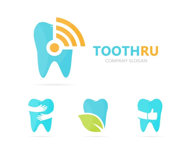 Vector de combinación de dientes y logotipo wifi. Símbolo o icono dental y de señal. Única clínica y radio, plantilla de diseño de logotipos de Internet . — Vector de stock