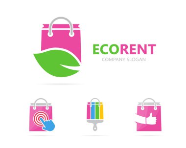 Vektör dükkanı ve yaprak logo birleşimi. Satış ve eko simge veya simge. Benzersiz çanta ve organik logo tasarım şablonu.