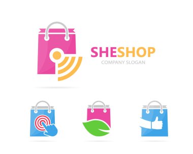 Vektör dükkanı ve wifi logo birleşimi. Satış ve sinyal simge veya simge. Benzersiz çanta ve radyo, internet logo tasarım şablonu.