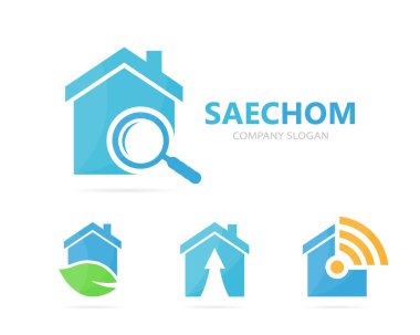 Vektör gayrimenkul ve Büyüteç logo birleşimi. Ev ve Büyüteç simgesi veya simge. Benzersiz kira ve arama logo tasarım şablonu.