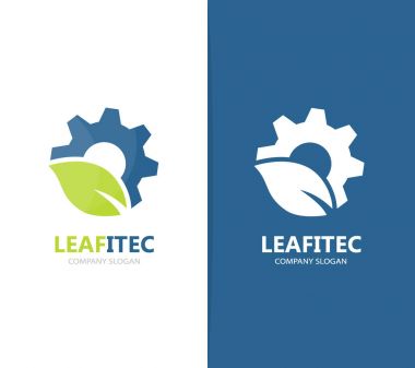 Vektör dişli ve yaprak logo birleşimi. Mekanik ve eko simge veya simge. Benzersiz organik fabrika ve endüstriyel logo tasarım şablonu.