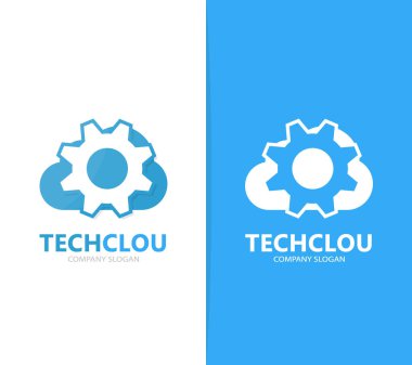 Vektör dişli ve bulut logo birleşimi. Mekanik ve depolama simge veya simge. Benzersiz fabrika ve endüstriyel logo tasarım şablonu.