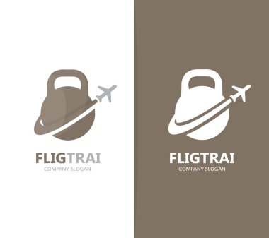 Vektör spor ve uçak logo birleşimi. Spor salonu ve seyahat etmek simge veya simge. Benzersiz uçuş fitness ve egzersiz logo tasarım şablonu.