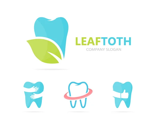 Vector de combinación de logotipo de diente y hoja. Símbolo o icono dental y ecológico. Plantilla única de diseño de logotipos clínicos y orgánicos . — Vector de stock
