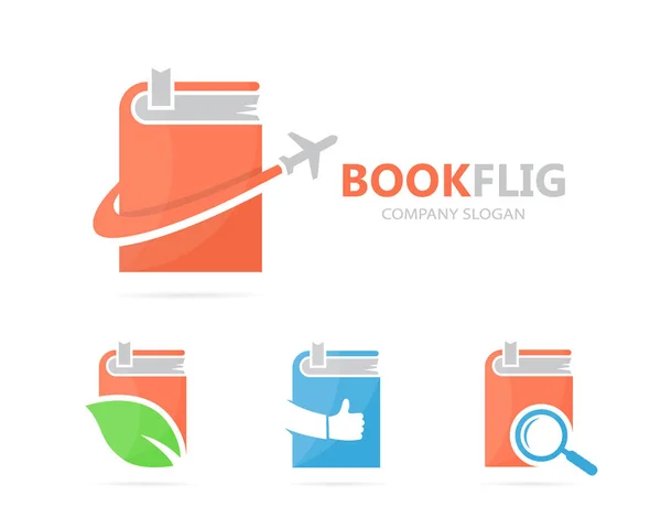 Vektor, könyv- és repülőgép billentyű kombináció. Könyvtár és utazási szimbólum vagy ikon. Egyedi könyvesbolt és repülési logo design sablon. — Stock Vector