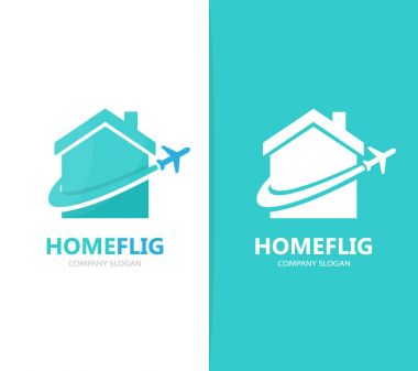Vektör gayrimenkul ve uçak logo birleşimi. Ev ve seyahat etmek simge veya simge. Benzersiz kira ve uçuş logo tasarım şablonu.