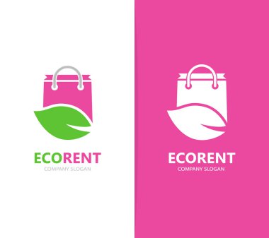 Vektör dükkanı ve yaprak logo birleşimi. Satış ve eko simge veya simge. Benzersiz çanta ve organik logo tasarım şablonu.