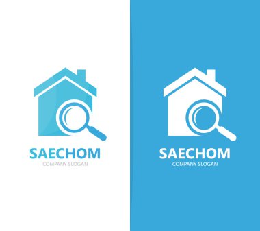 Vektör gayrimenkul ve Büyüteç logo birleşimi. Ev ve Büyüteç simgesi veya simge. Benzersiz kira ve arama logo tasarım şablonu.